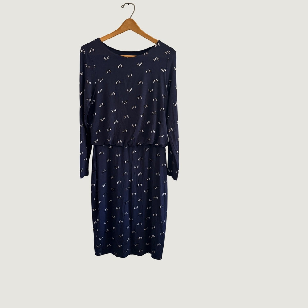 Pure Collection Navy Blue Chevron Print Modal Blouson Midi Dress Womens US 6